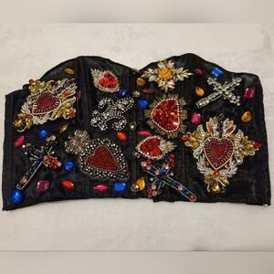 Sugar Thrillz Black Embellished Beaded Bustier with Red & Gold Accents